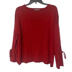 Metric Knits Pretty Detailed Sleeve LS Red Bow Tie Ribbed Knit Sweater - Size M